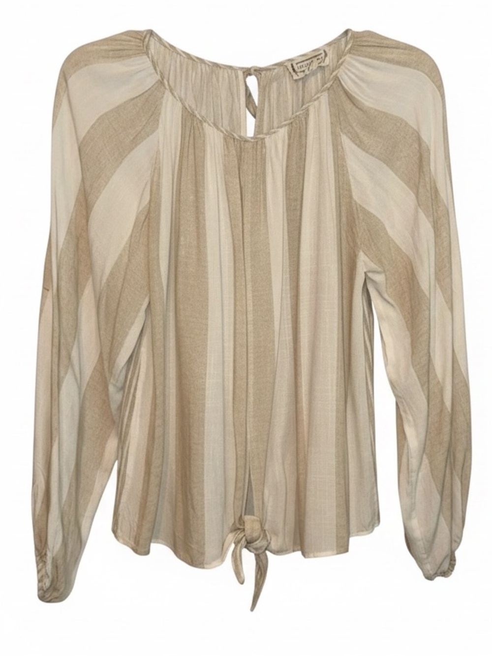 Loveriche Size Small Cream-Tan Stripes Long Sleeve Bohemian Peasant Blouse